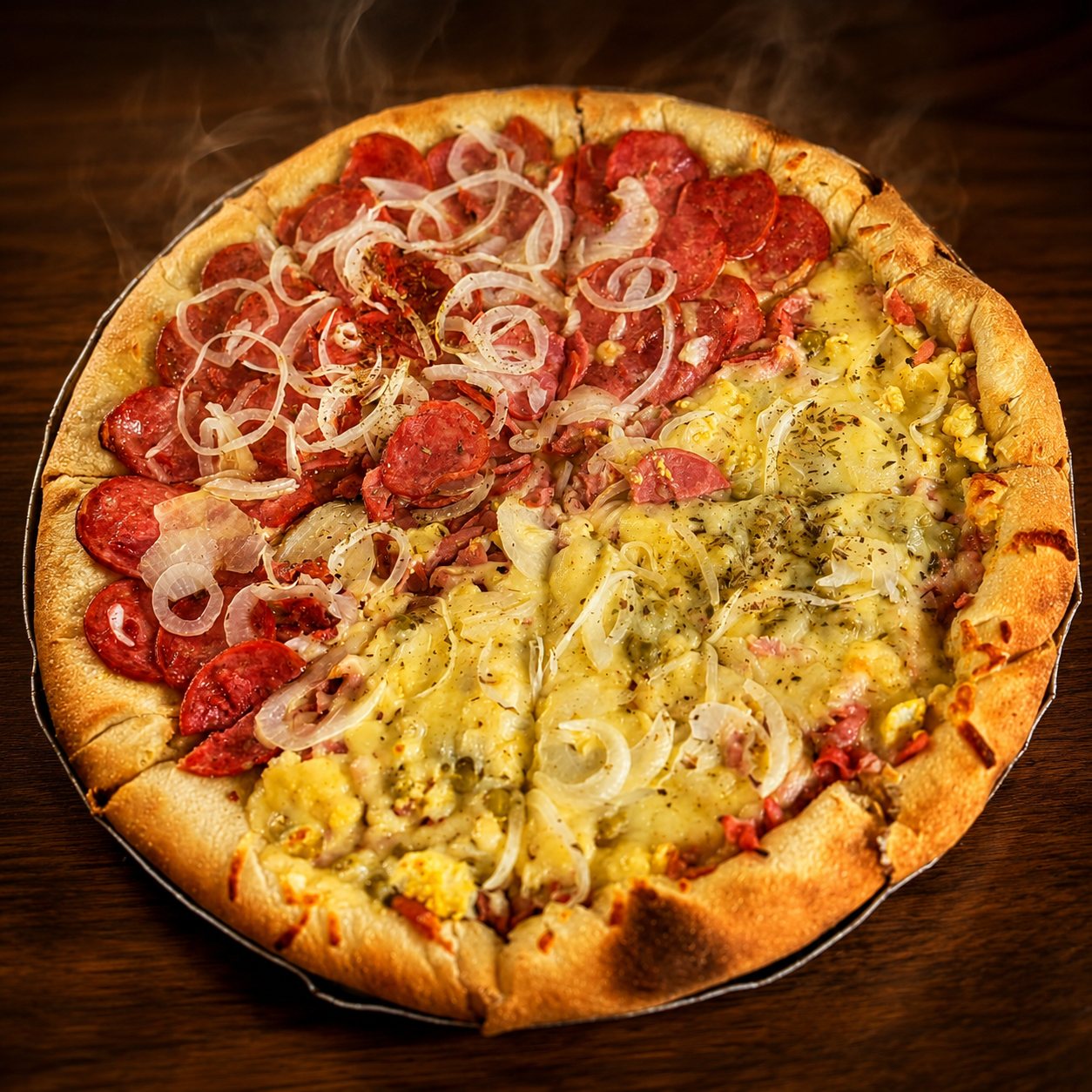 Pizza grande dividida ao meio, calabresa e presunto de um lado, quatro queijos do outro, ainda fumegando, saindo do forno da Bonna Pizza Jerusalém